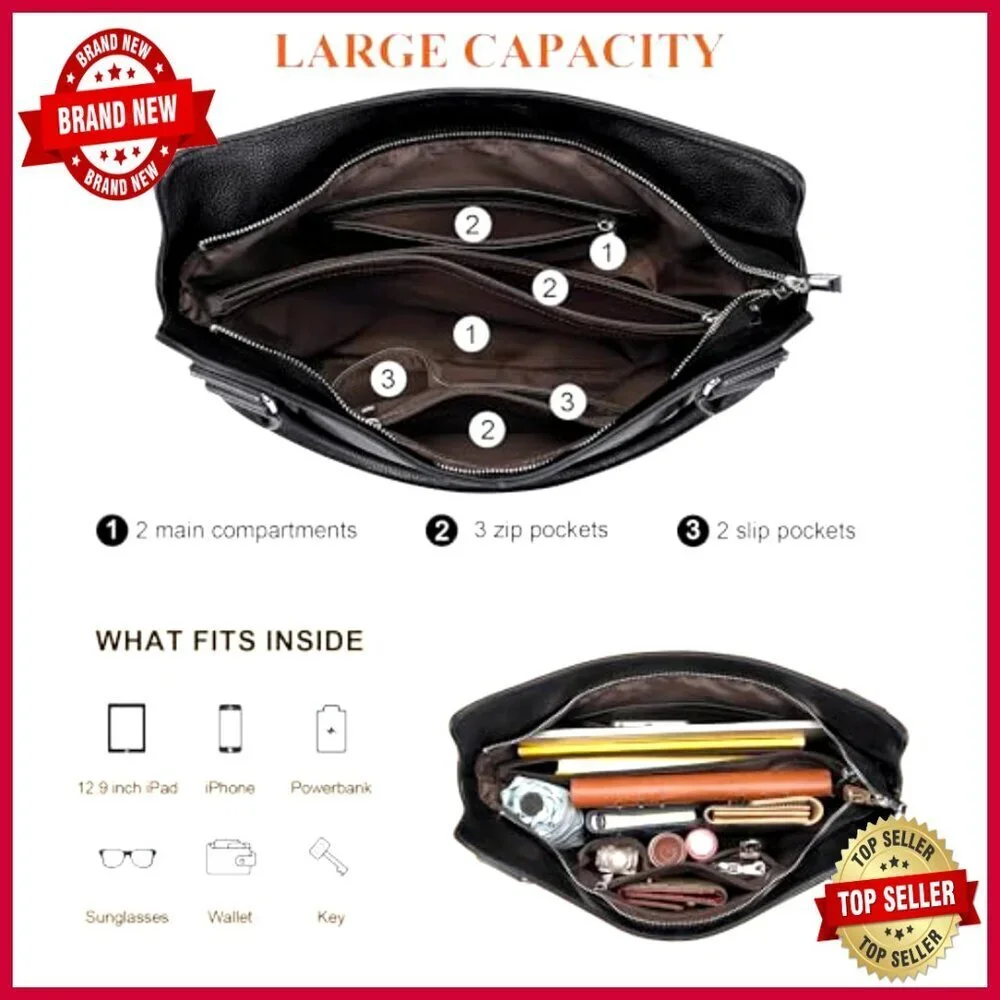 Large Genuine Leather Hobo Tote Shoulder Bag with Multiple Pockets